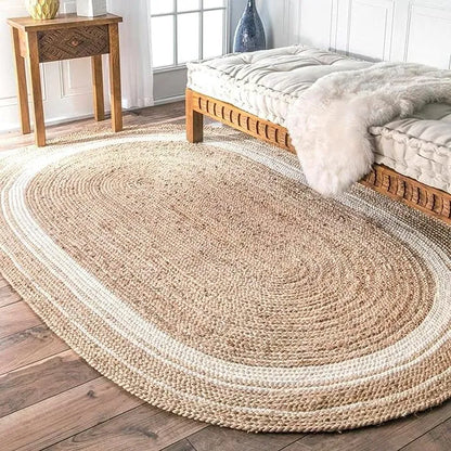Artisanal Handwoven Jute Oval Rug - Beige and White