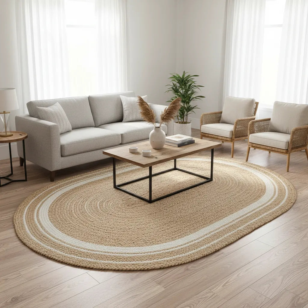 Artisanal Handwoven Jute Oval Rug - Beige and White