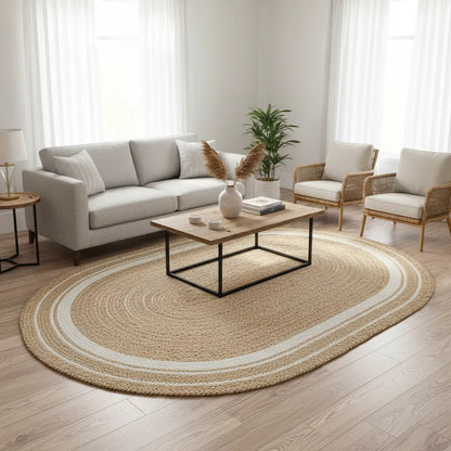 Artisanal Handwoven Jute Oval Rug - Beige and White
