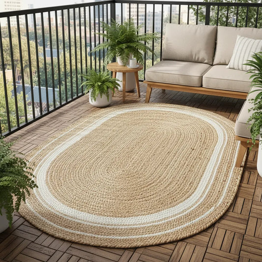 Artisanal Handwoven Jute Oval Rug - Beige and White