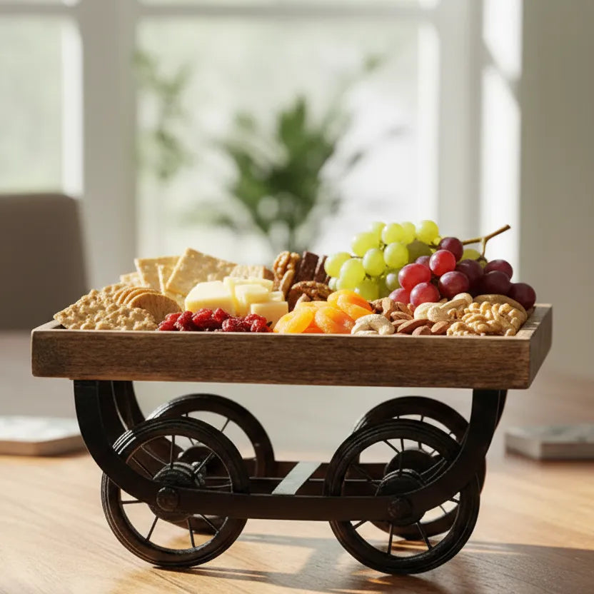Wooden Cart Style Serving Tray with Metal Wheels