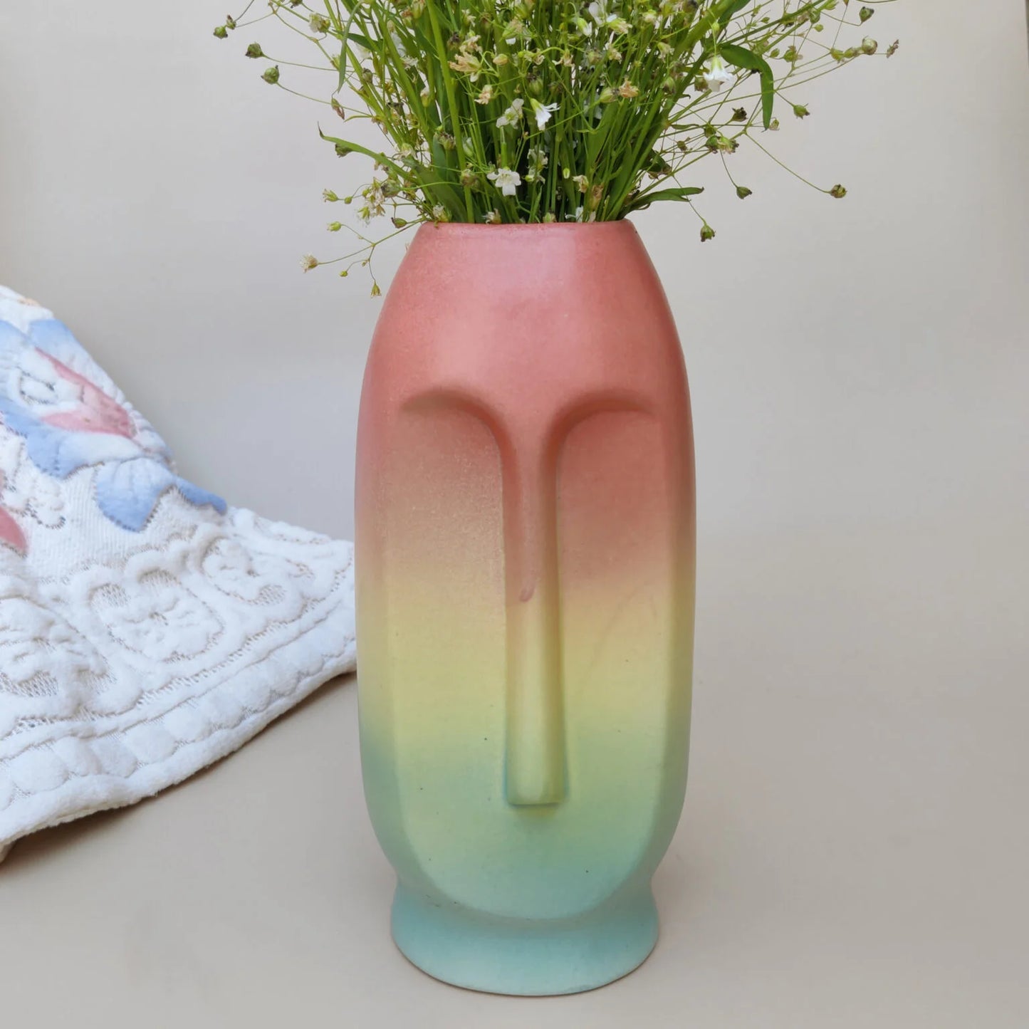 Radiant Face Sculpture Ceramic Multicolor Vase