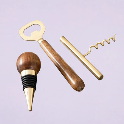 Gold Stainless Steel & Mango Wood Wine Tools Set – 3 Piece Set