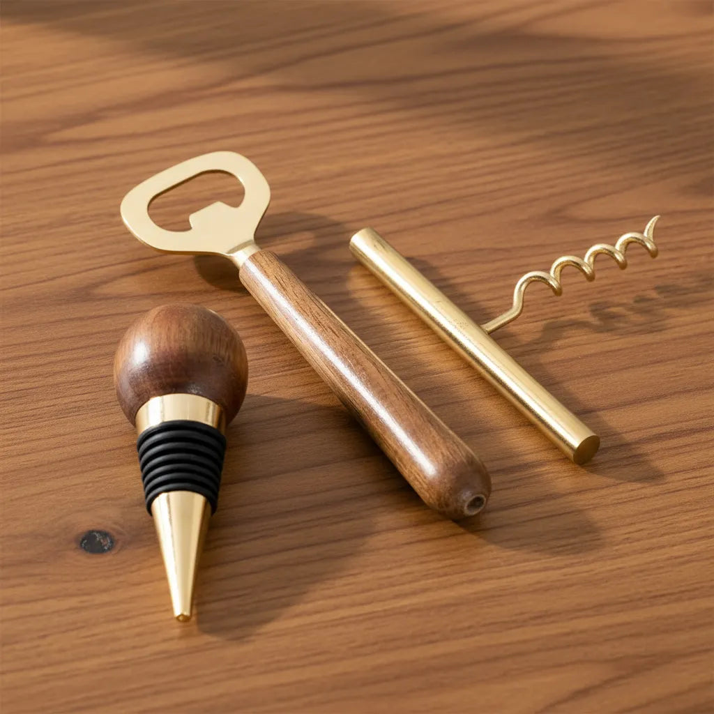 Gold Stainless Steel & Mango Wood Wine Tools Set – 3 Piece Set