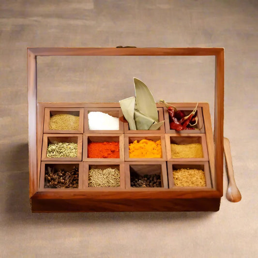 Elegant Sheesham Wooden Masala Box with 12 Spice Containers & Spoon