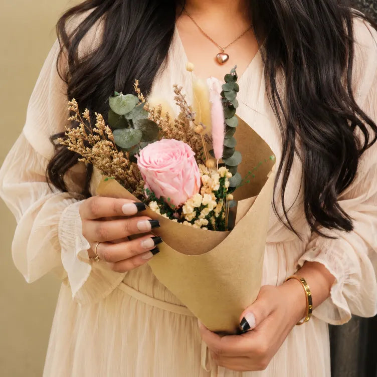 Preserved Pink Rose Bouquet with Dried Flowers