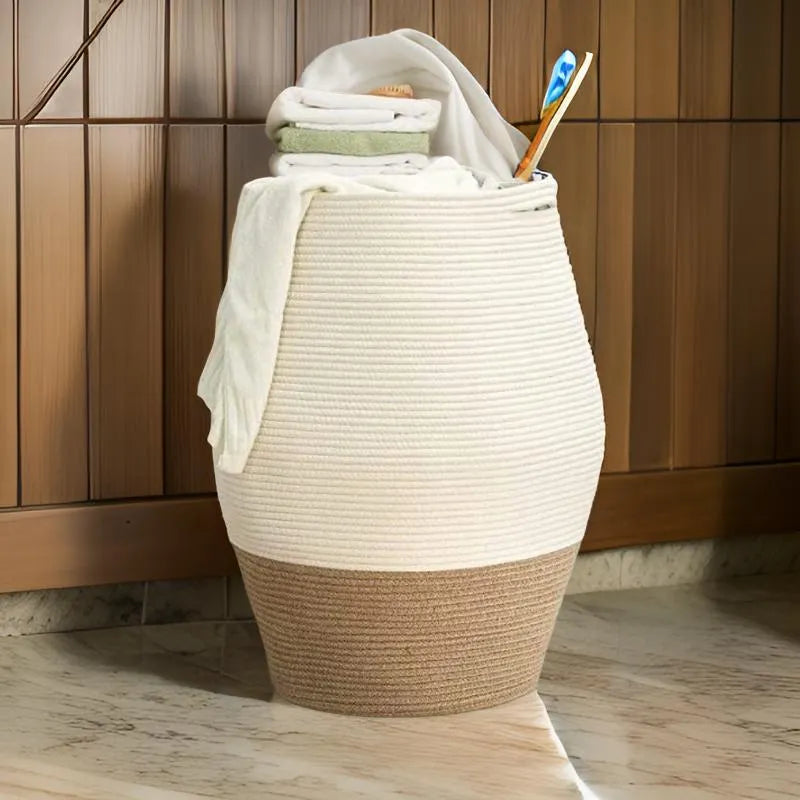 Beige & White Cotton Storage Basket - Medium, Large