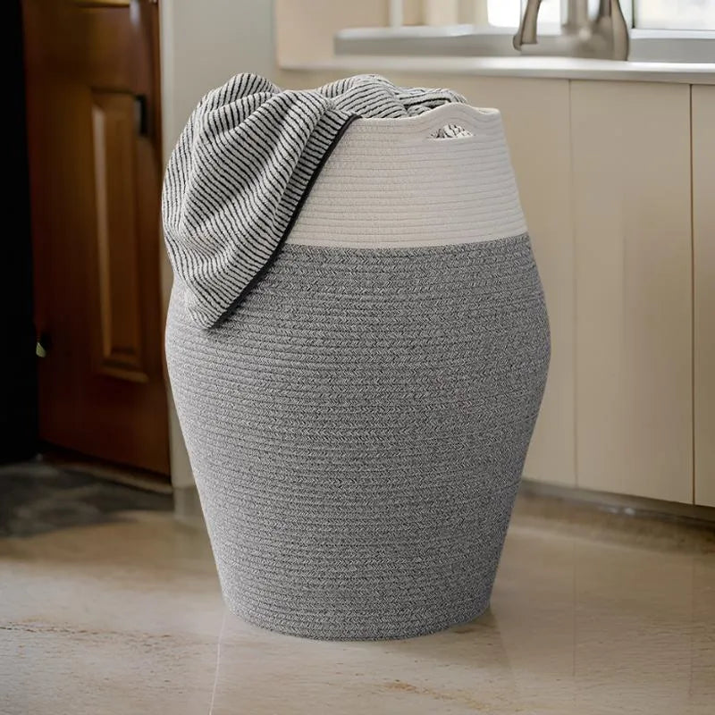 White & Grey Cotton Storage Laundry Basket with Handles - Medium, Large