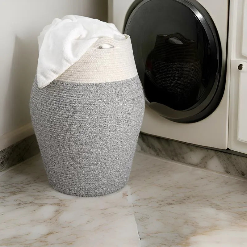 White & Grey Cotton Storage Laundry Basket with Handles - Medium, Large