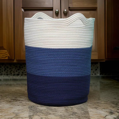 White & Blue Cotton Storage Basket with Handles - Medium, Large