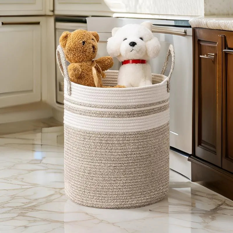 White & Beige Cotton Storage Hamper & Laundry Basket - Medium, Large