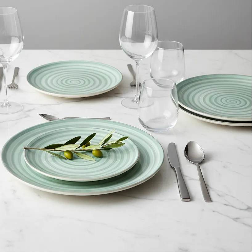 Hand-Painted Green Swirl Ceramic Dinner Plates