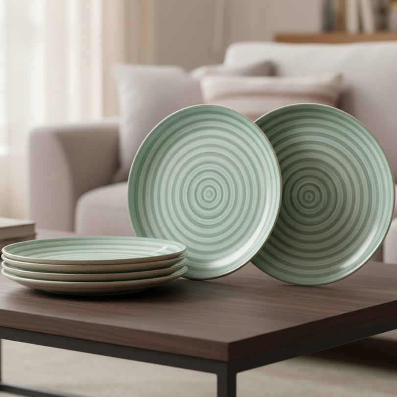 Hand-Painted Green Swirl Ceramic Dinner Plates