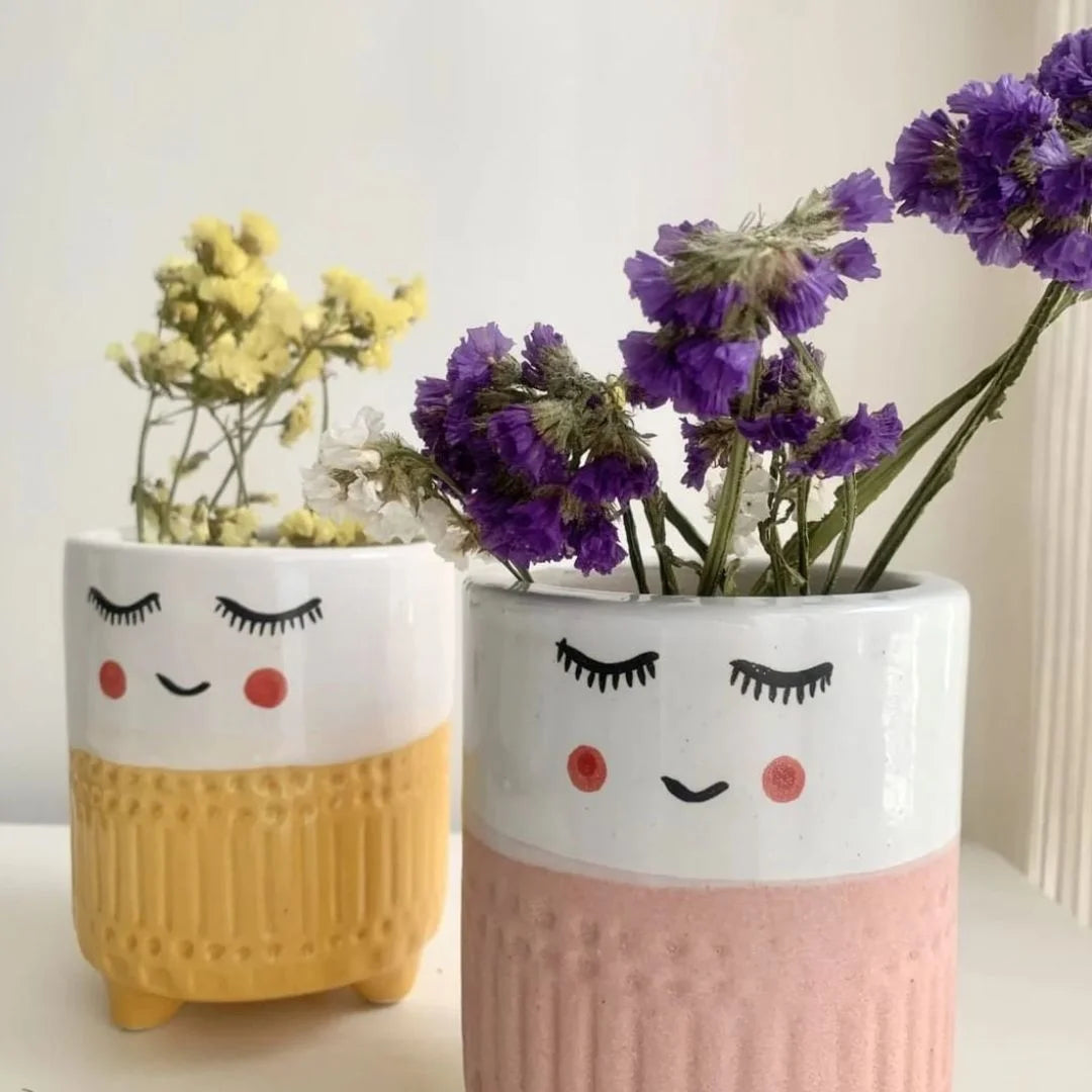 Adorable Smiley Face Semi Glossy Ceramic Planter - Multiple Color Options