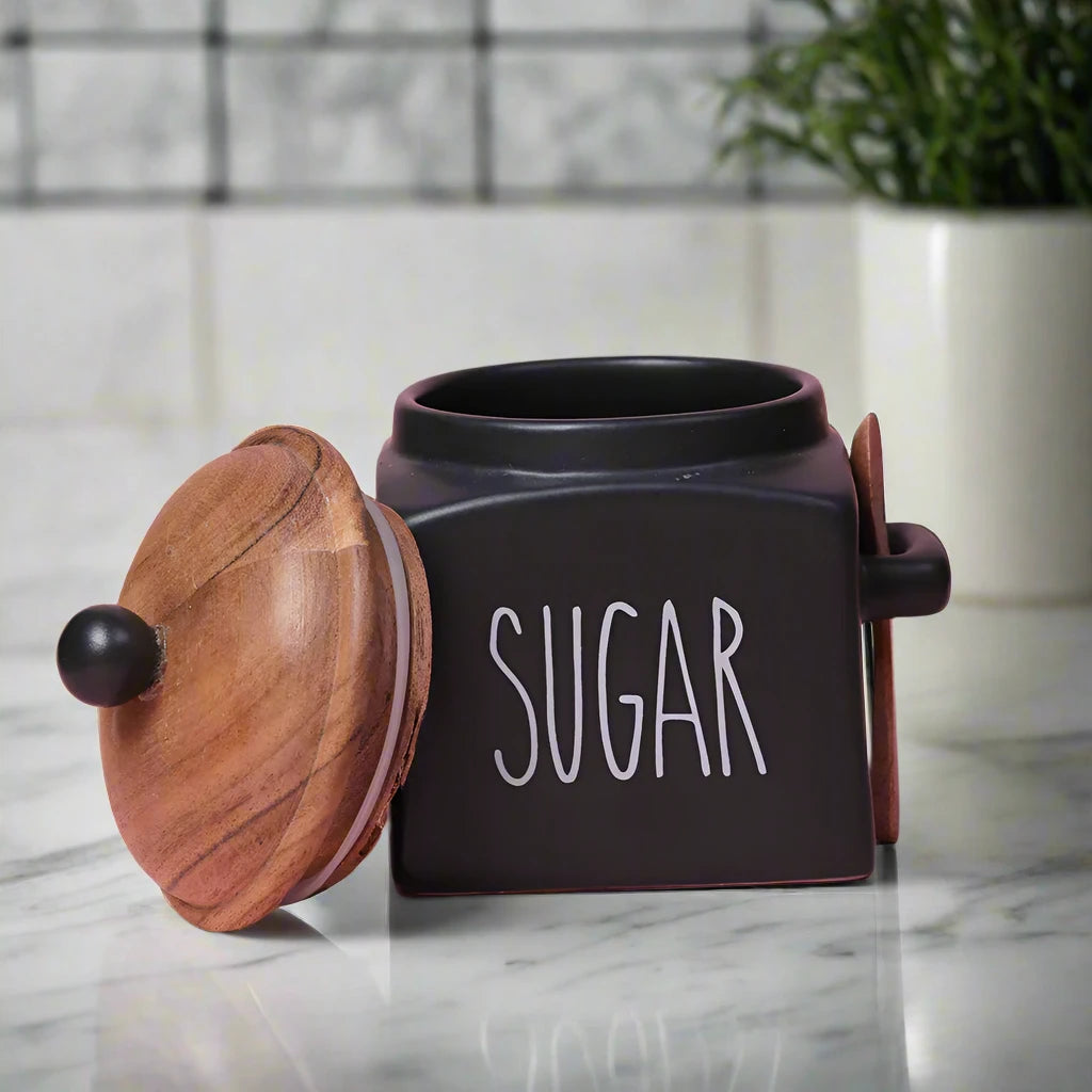 Matte Black Ceramic Sugar Storage Jar with Airtight Lid & Spoon - 1000 ml