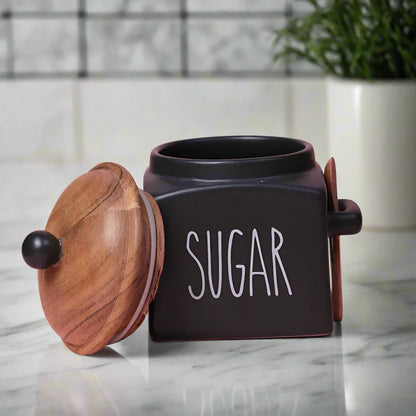 Matte Black Ceramic Sugar Storage Jar with Airtight Lid & Spoon - 1000 ml