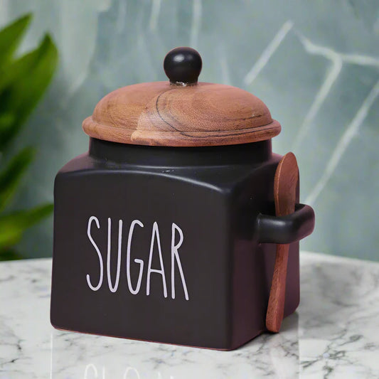 Matte Black Ceramic Sugar Storage Jar with Airtight Lid & Spoon - 1000 ml