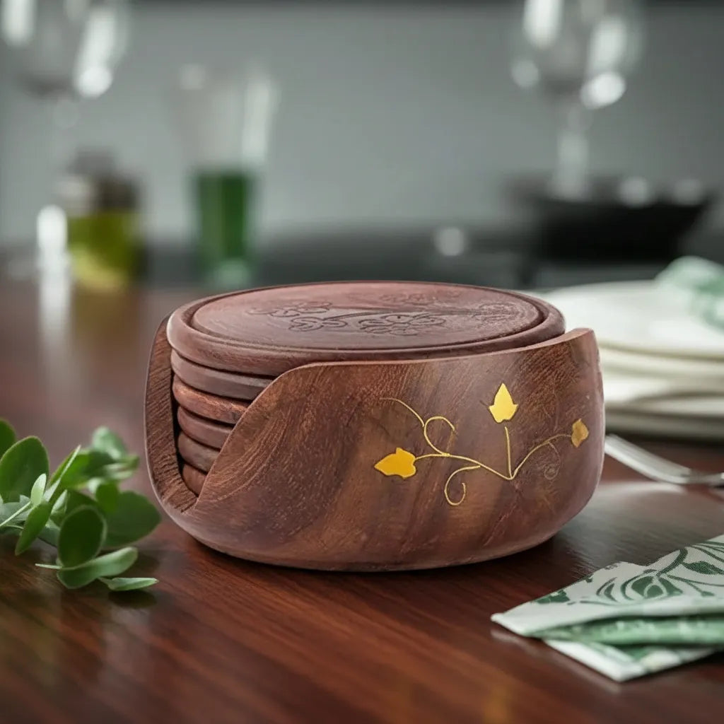 Sheesham Wood Coaster Set with Brass Flower - 4 inch x 4 inch x 2 inch