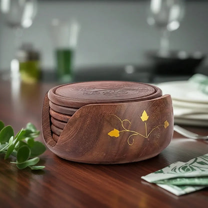 Sheesham Wood Coaster Set with Brass Flower - 4 inch x 4 inch x 2 inch