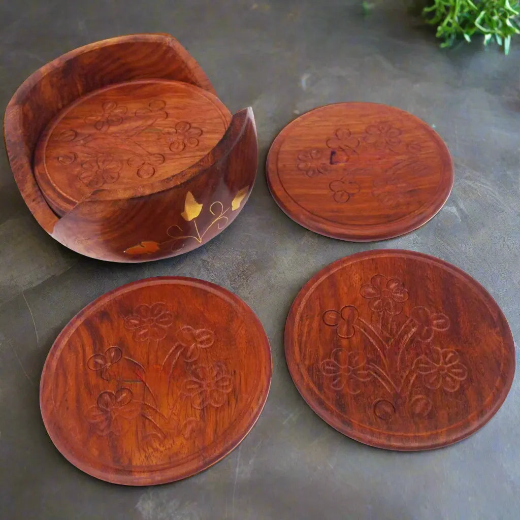 Sheesham Wood Coaster Set with Brass Flower - 4 inch x 4 inch x 2 inch