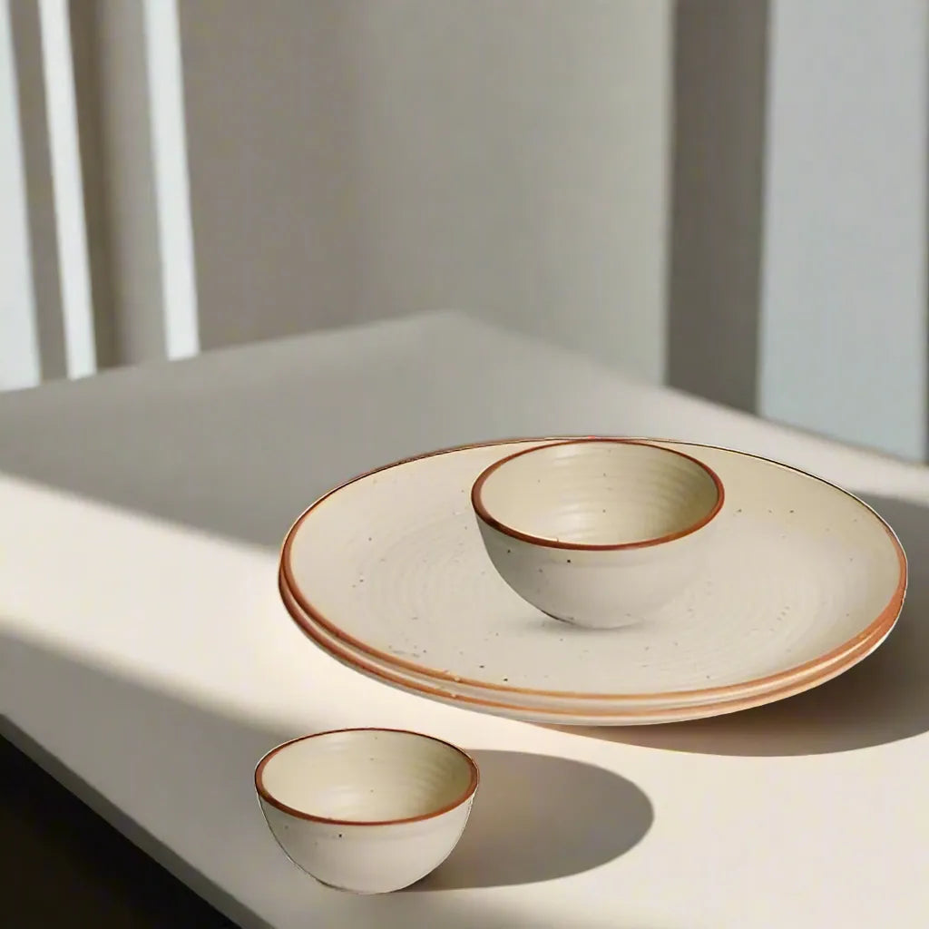 Off-White Handcrafted Ceramic  Dinner Set - 2 Dinner Plates with 2 Bowls