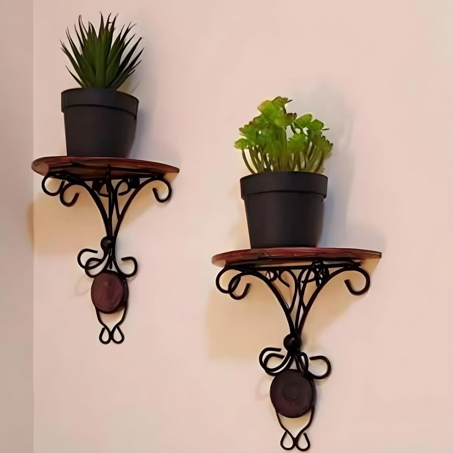 Solid Mango Wood Wall Shelf with Iron Brackets - Set of 2