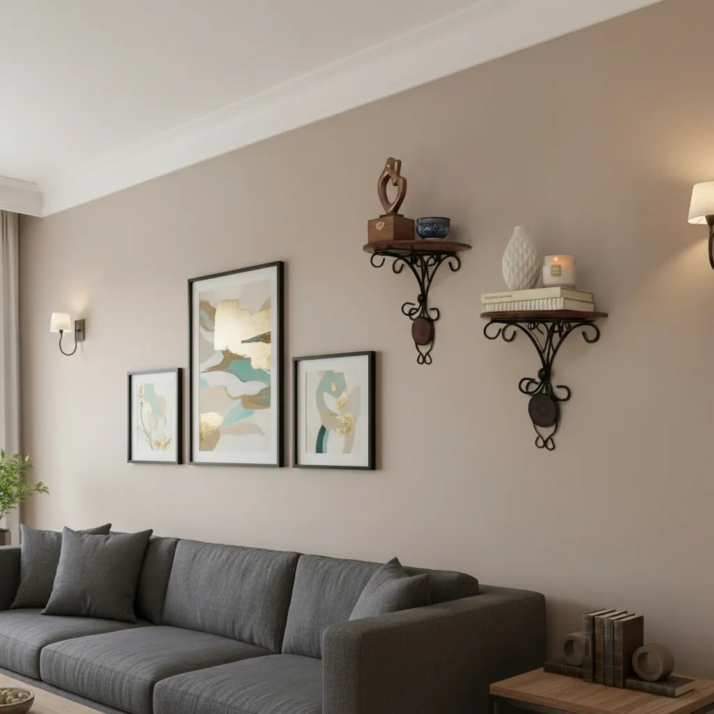 Solid Mango Wood Wall Shelf with Iron Brackets