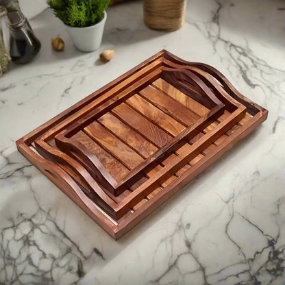 Handcrafted Wooden Sheesham Wood Trays - Set of 3 - Small, Medium, Large