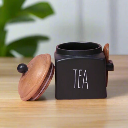 Matte Black Ceramic Tea Storage Jar with Airtight Lid & Spoon - 1000 ml