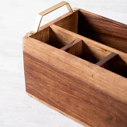 Vintage Acacia Wood Cutlery Holder - Walnut Finish